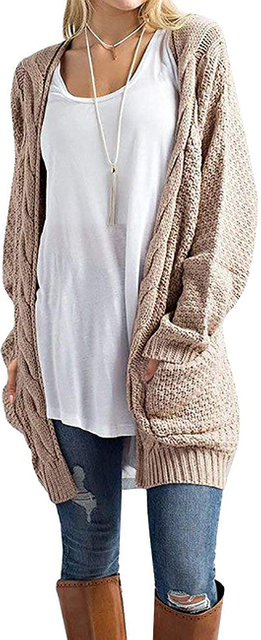 Maglione da cardigan a trecce a maniche lunghe con maniche lunghe e apertura frontale da donna con tasche