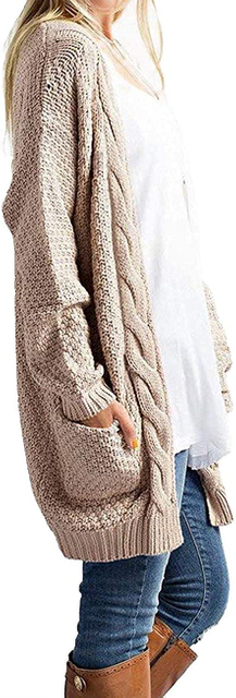 Maglione da cardigan a trecce a maniche lunghe con maniche lunghe e apertura frontale da donna con tasche